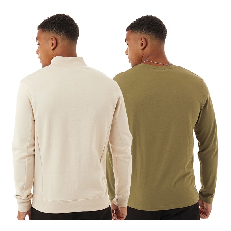 Bench Ensemble de sweat à col 1/4 zippé et haut à manches longues Masbo Homme - Gris Pierre/Beige Clair