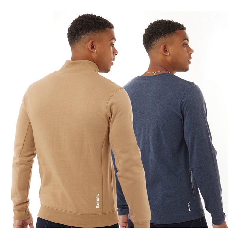 Bench Herren Basmond 1/4 Zip Sweatshirt und Langarm Oberteil Multipack Set Braun/Marine Melange