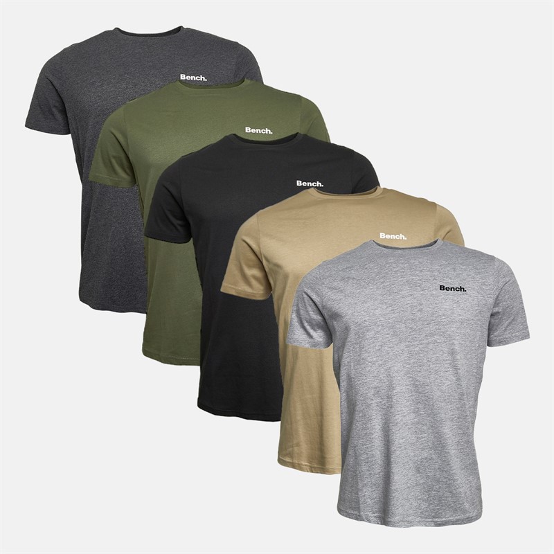 Bench Mens Nosti Five Pack T-Shirts Black/Khaki/Grey Marl/Dark Sone/Charcoal Marl