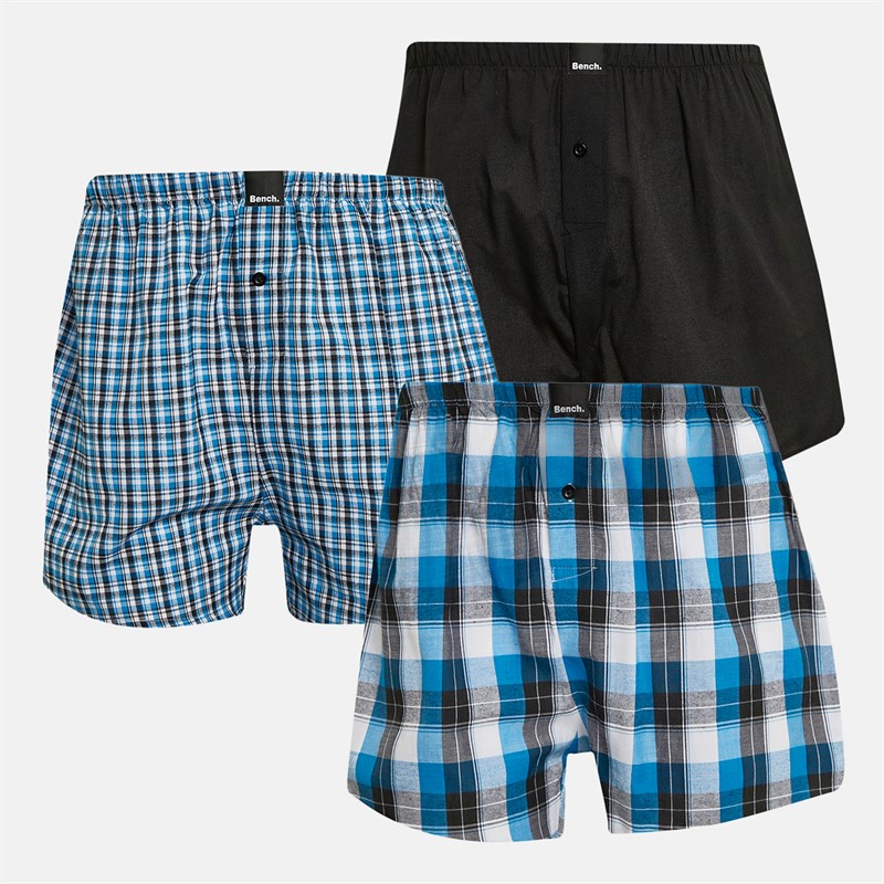 Bench Mens Anujan Three Pack Woven Boxer Shorts Black/White And Blue Check/Black/Black/White And Blue Check - Size XXL