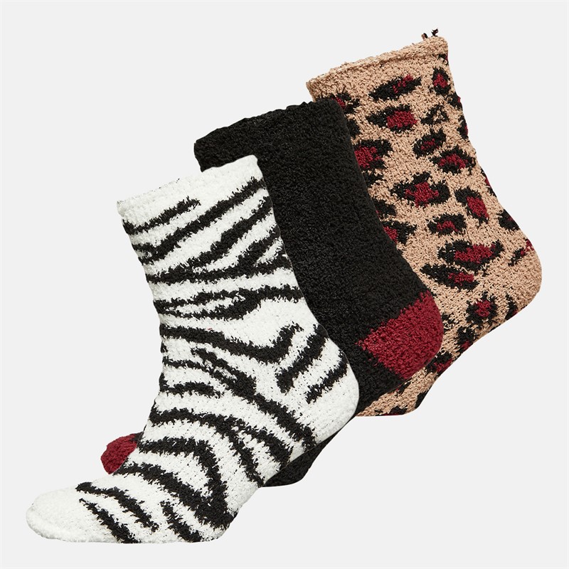 Bench Womens Denly Three Pack Cosy Socks Leopard Black White Zebra - Size OS