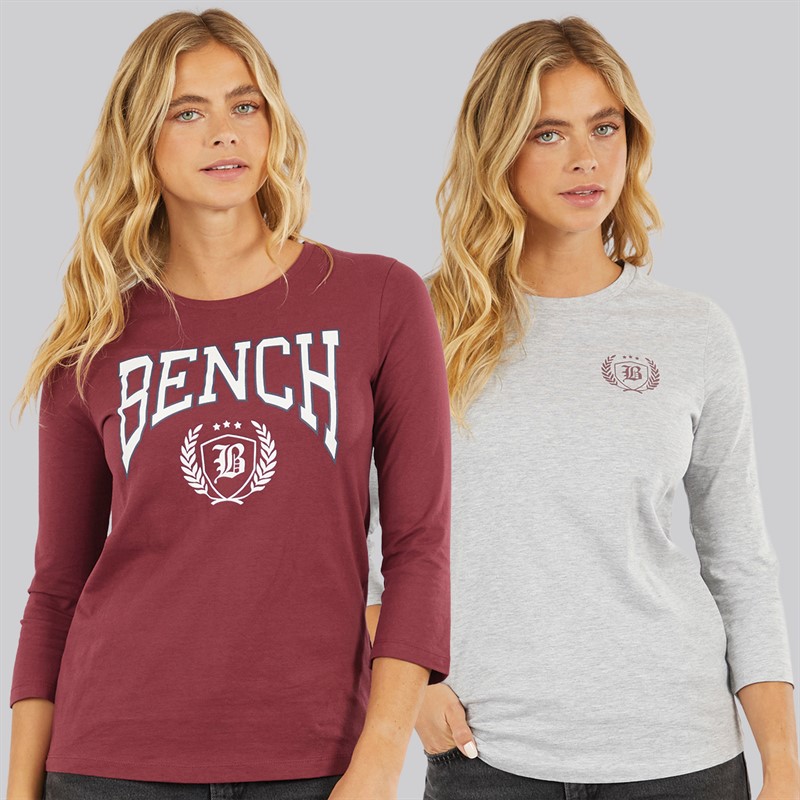 Bench Damen Zweierpack 3 / 4 Ärmel T - Shirts Cordovan Grau Meliert