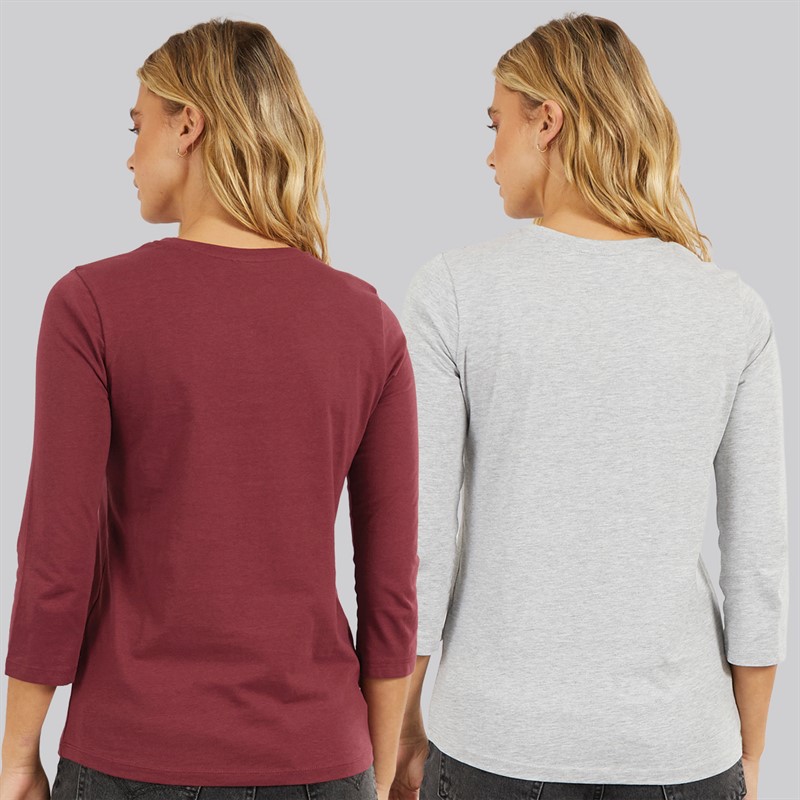 Bench Damen Zweierpack 3 / 4 Ärmel T - Shirts Cordovan Grau Meliert