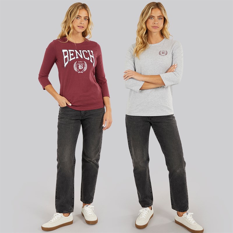 Bench Damen Zweierpack 3 / 4 Ärmel T - Shirts Cordovan Grau Meliert