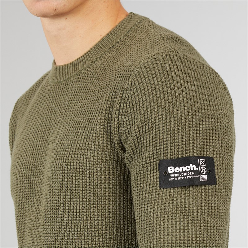 Bench Mens Falum Waffle Stitch Crew Neck Sweatshirt Khaki Green