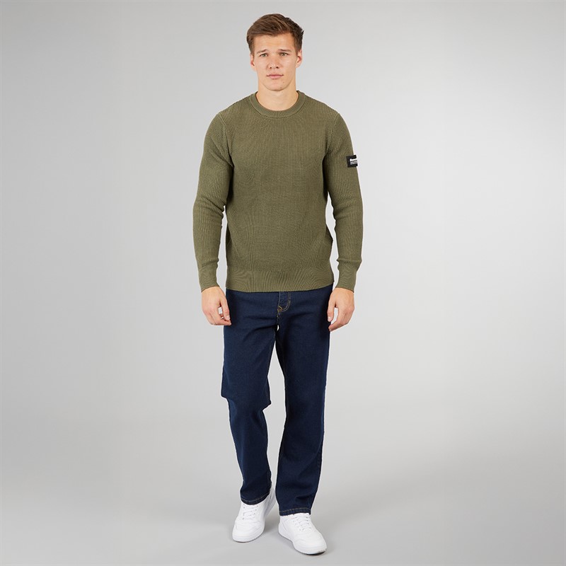 Bench Mens Falum Waffle Stitch Crew Neck Sweatshirt Khaki Green