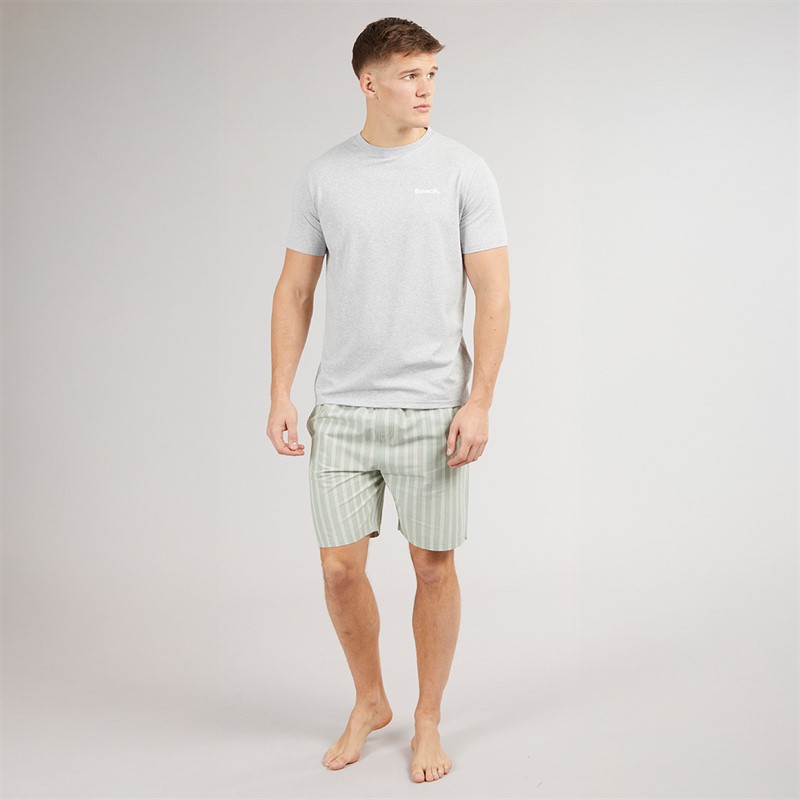 Bench Mens Banning T-Shirt And Poplin Stripe Lounge Shorts Set Grey Marl/Sage Stripe