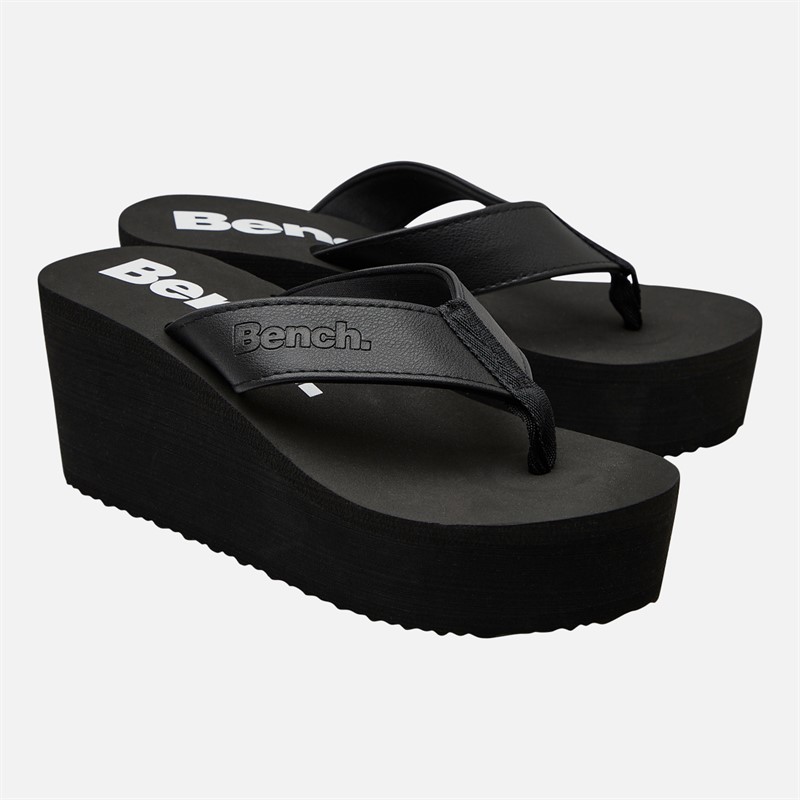 Bench Womens Vacay Chunky Wedge Flip Flops Black Pu