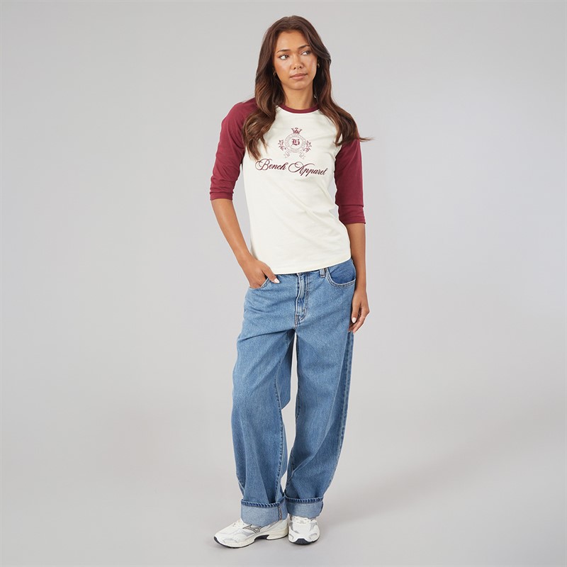 Bench Womens Diah 3/4 Sleeve T-Shirt With Crest Graphic Winter White/Cordovan