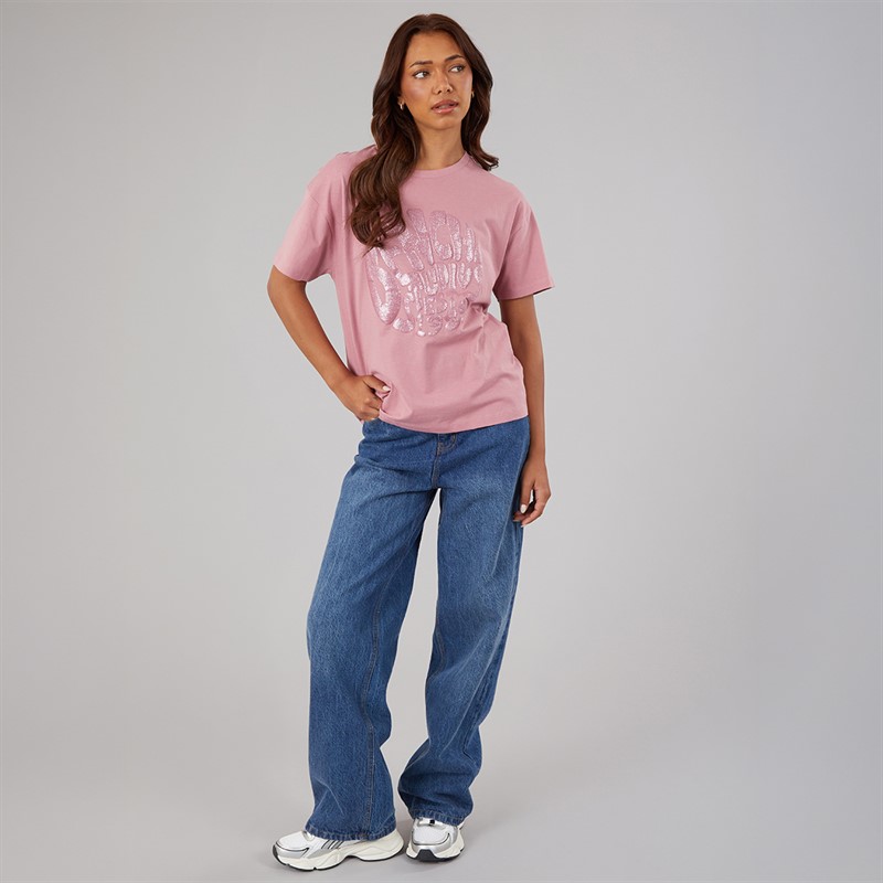 Bench Womens Jana Boxy T-Shirt With Glitter Graphic Nostalgic Pink