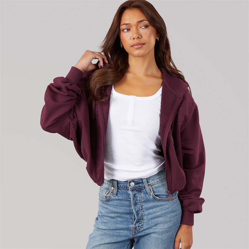 Bench Womens Poppi Puff Sleeve Zip Thru Hoodie Cherry Lacquer