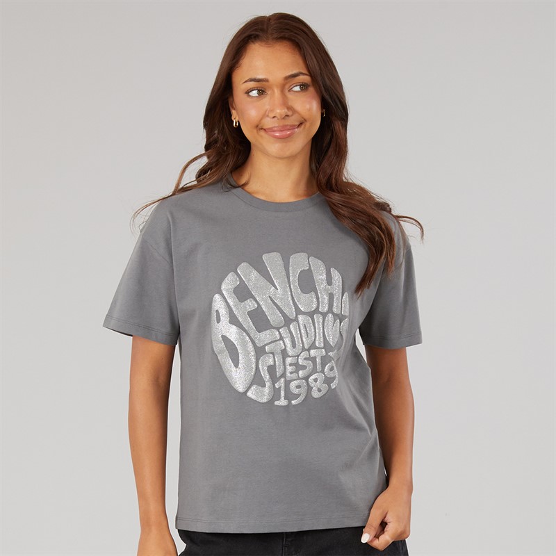 Bench Womens Jana Boxy T-Shirt With Glitter Graphic Charcoal