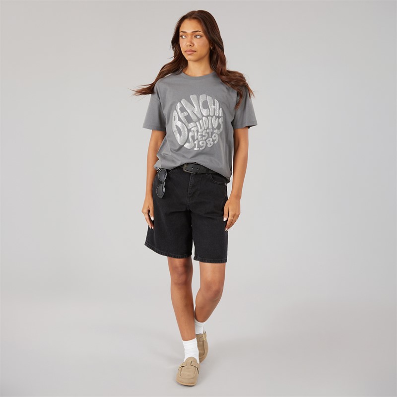 Bench Womens Jana Boxy T-Shirt With Glitter Graphic Charcoal