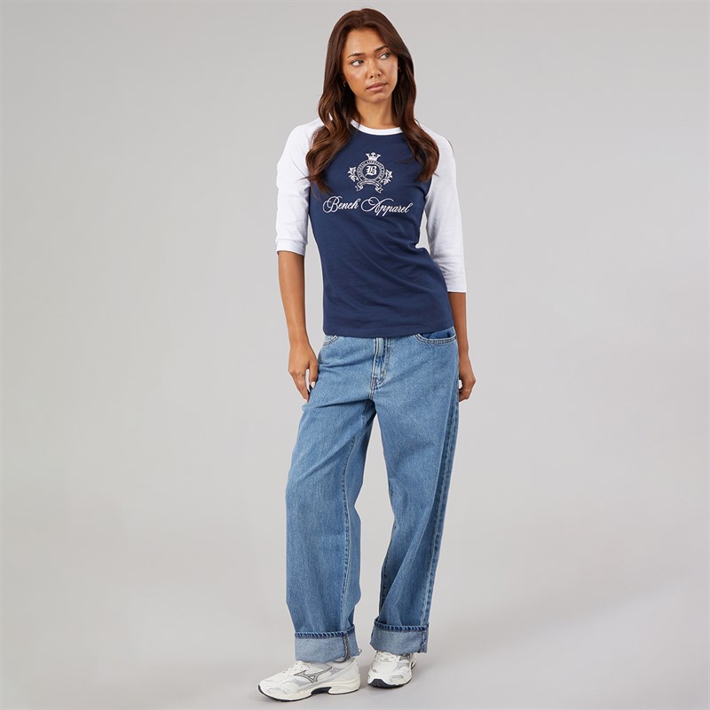 Bench Womens Diah 3/4 Sleeve T-Shirt With Crest Graphic Navy/White