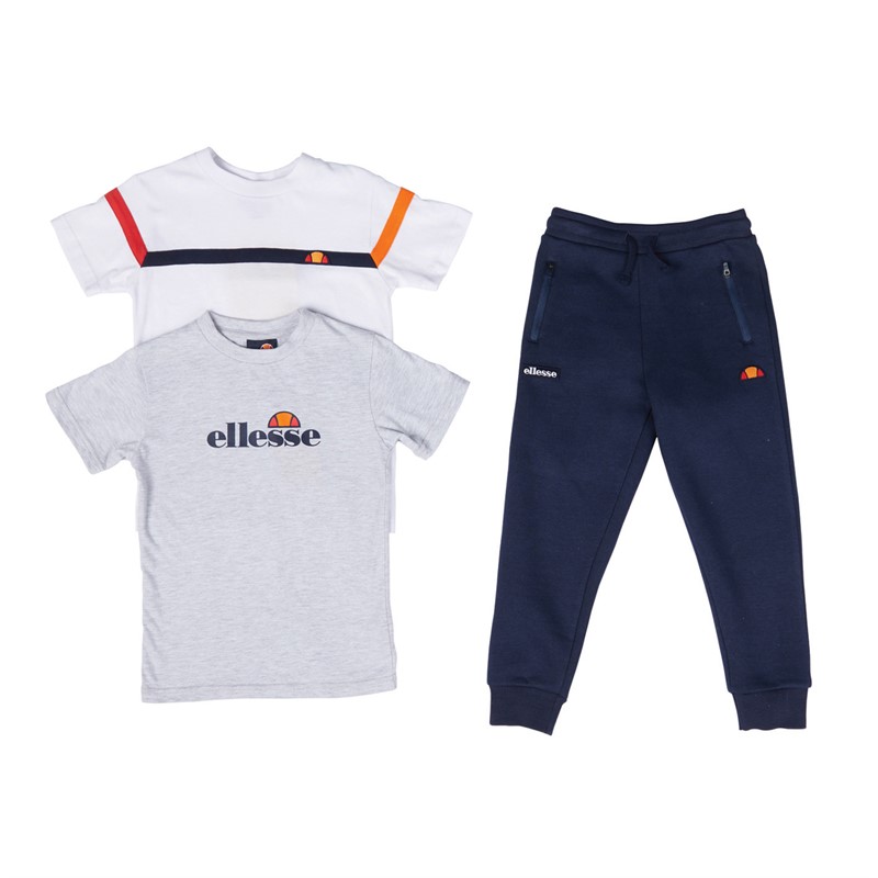 Ellesse Boys Carlo Three Pack Logo T-Shirts And Joggers Set Grey/Navy/White