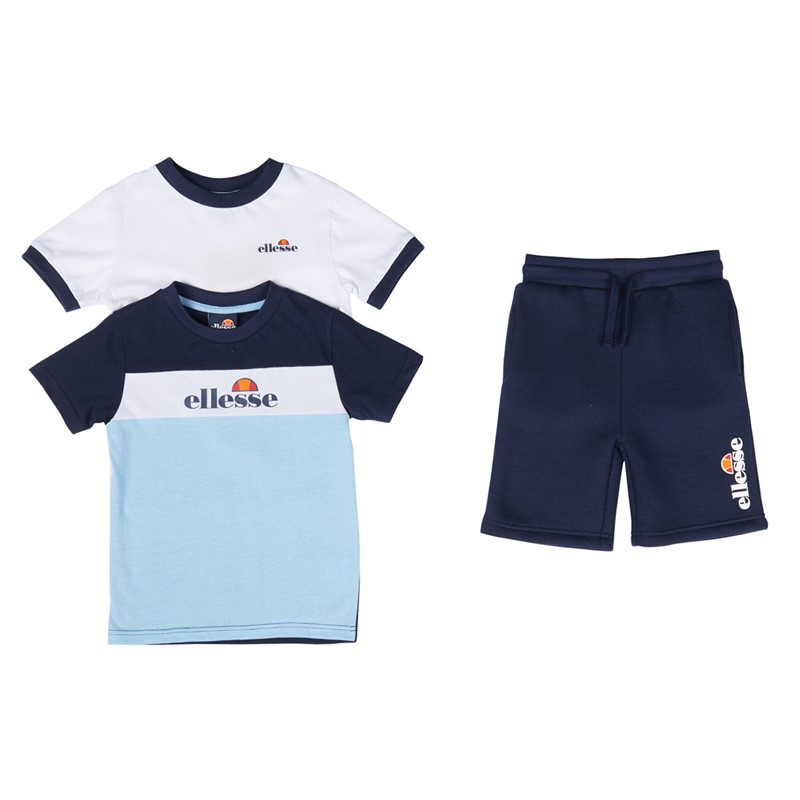 Ellesse Boys Johan Three Pack Logo T-Shirts And Shorts Set Navy/Sky Blue/White