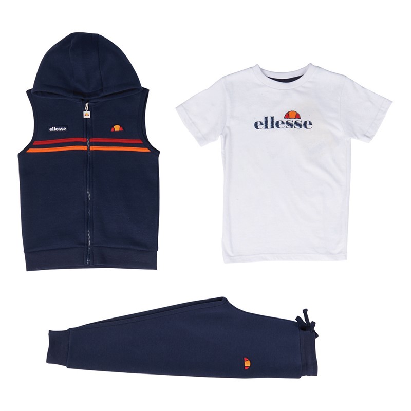 Ellesse Boys Saverio T-Shirt Gilet And Joggers Three Piece Set Navy/White