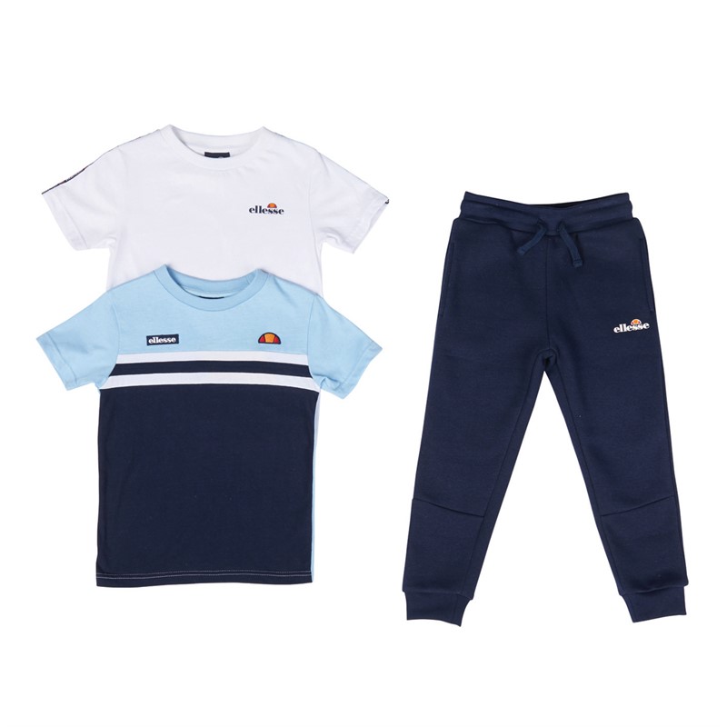 Ellesse Boys Dario Three Pack T-Shirts And Joggers Set Navy/Sky Blue/White