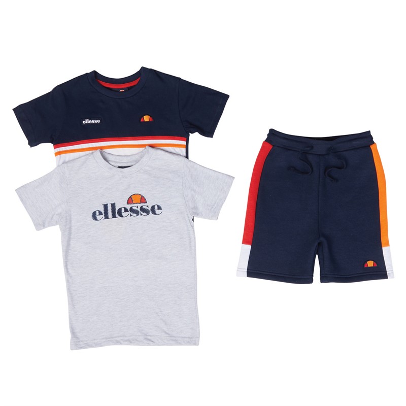 Ellesse Drenge Tiziano Tre-Pak Logo T-shirts og Shorts Sæt Grå/Marineblå/Hvid