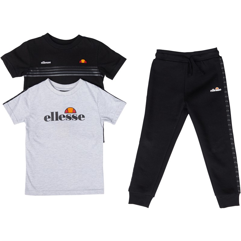 Ellesse Boys Dario Three Pack T-Shirts And Joggers Set Black/Grey