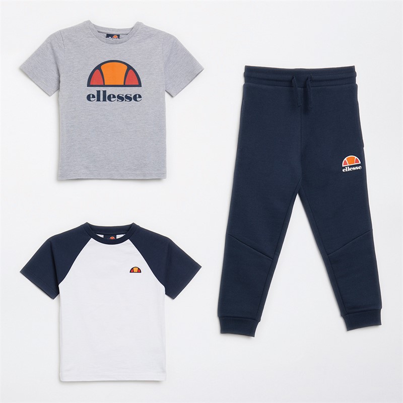 Ellesse Boys Ezra Three Pack Logo T-Shirts And Joggers Set Navy/Grey/White