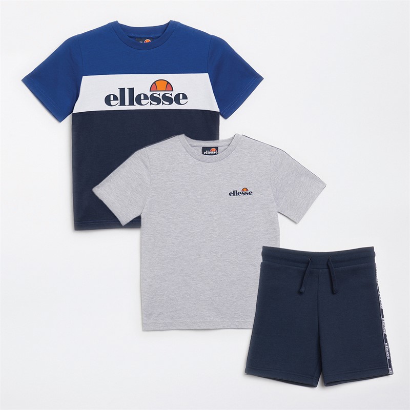 Ellesse Boys Wyatt Three Pack Taped T-Shirts And Shorts Set Navy/Blue/Grey