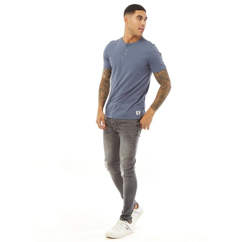 Fluid Herren Slub Henley T-Shirt Verblasstes Indigo