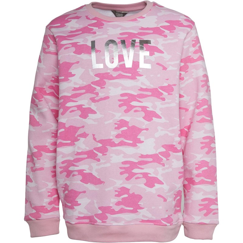 Fluid Junior Camo Print Fleece Crew Neck Sweatshirt Pink Camo