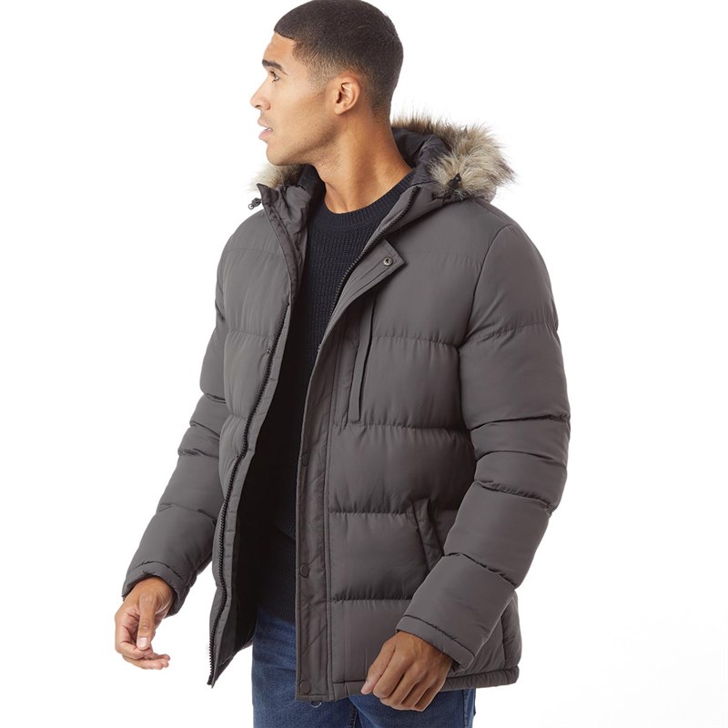 Grey puffer jacket with fur hood online