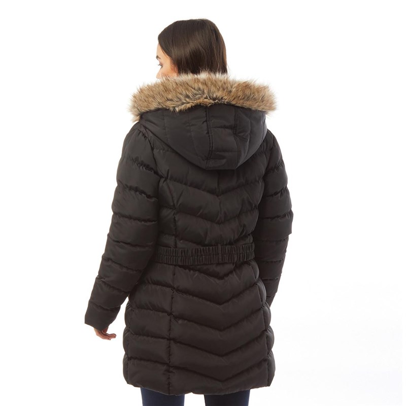 Buy Fluid Womens Belted Jacket With Fur Trim Hood Black