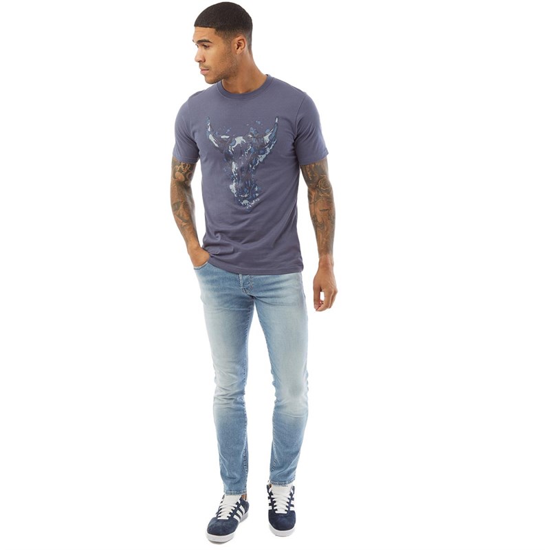 Fluid Mens Steer Skull Print T-Shirt Indigo