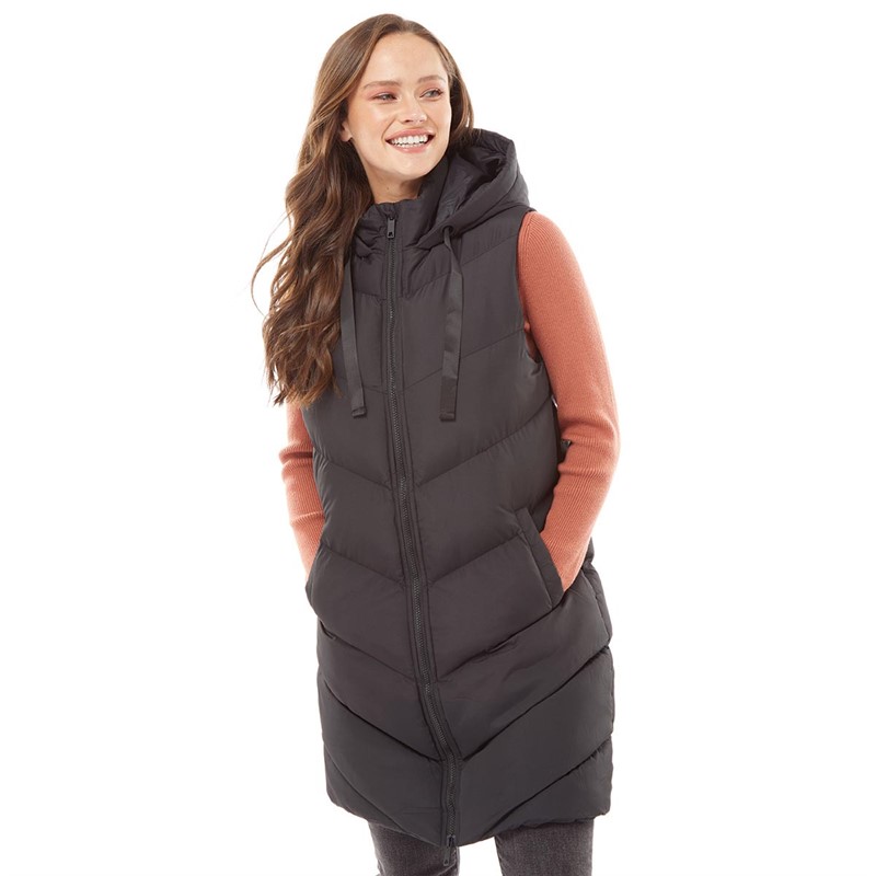 Black Longline Padded Hooded Gilet With Pockets