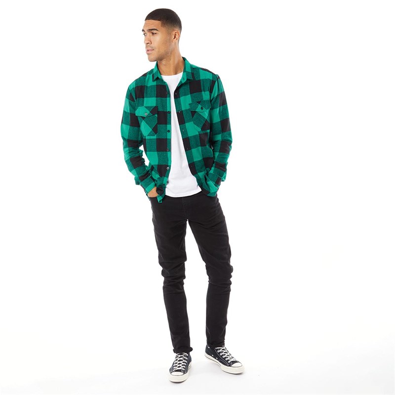 Fluid Mens Yarn Dyed Buffalo Checked Flannel Long Sleeve Shirt Green/Black