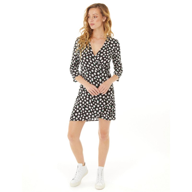 Fluid Womens Floral Wrap Dress Black Floral