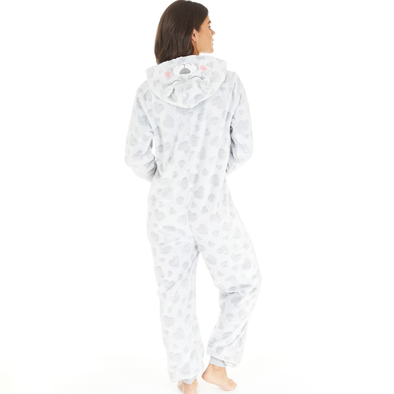 Fluid Womens Hooded Onesie Grey Animal