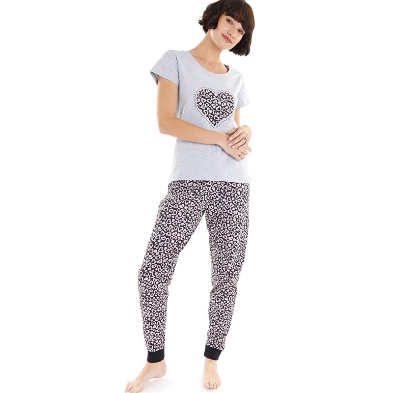 Fluid Womens Leopard Heart Print Pyjama Set Grey/Black