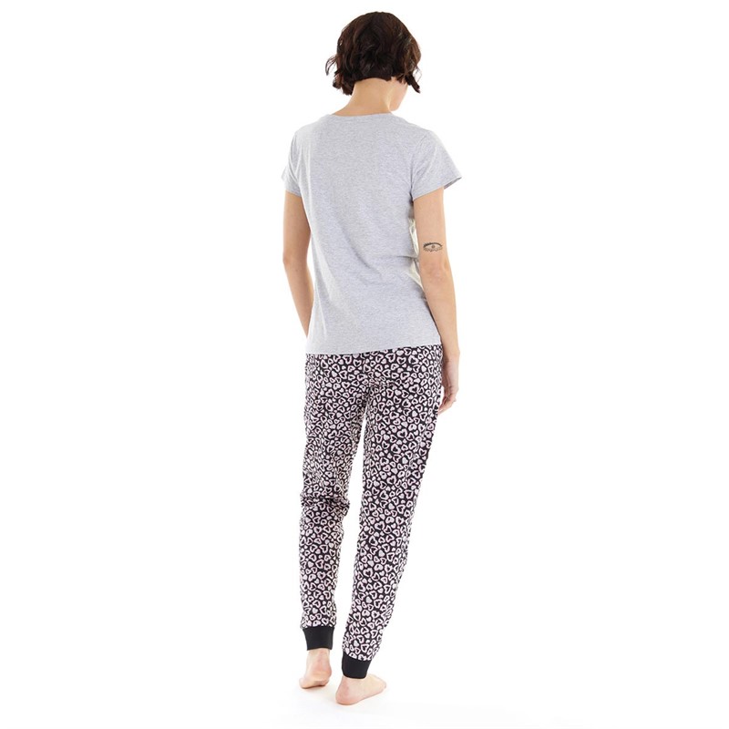 Fluid Womens Leopard Heart Print Pyjama Set Grey/Black