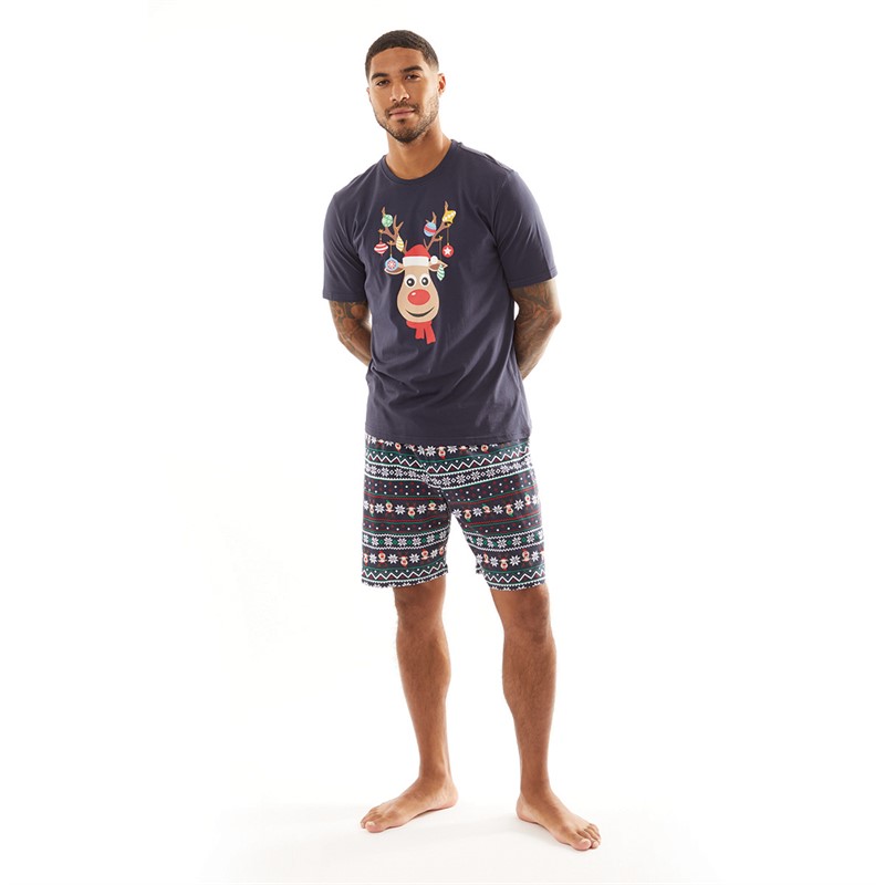 Fluid Mens Christmas Reindeer Pyjamas Shorts Set Multi