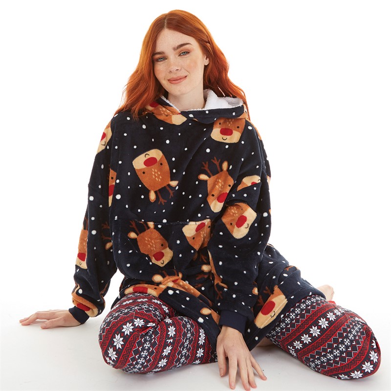 Fluid Womens Christmas Reindeer AOP Oversized Blanket Hoodie Multi