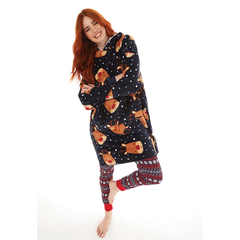 Fluid Womens Christmas Reindeer AOP Oversized Blanket Hoodie Multi