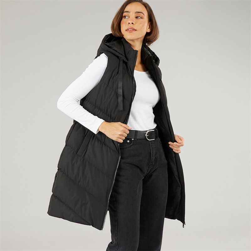 Womens Longline Hooded Gilet Black - Size 12