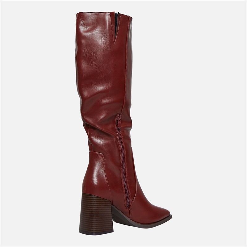 Fluid Womens Aston Square Toe Knee High Boots Burgundy PU