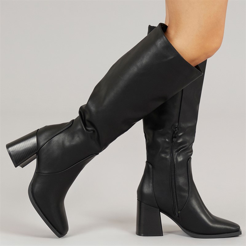 Womens Aston Square Toe Knee High Boots Black PU - Size 4