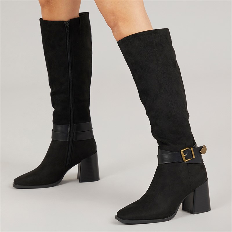 Womens Aston Square Toe Knee High Stretch Boots Black Micro - Size 7
