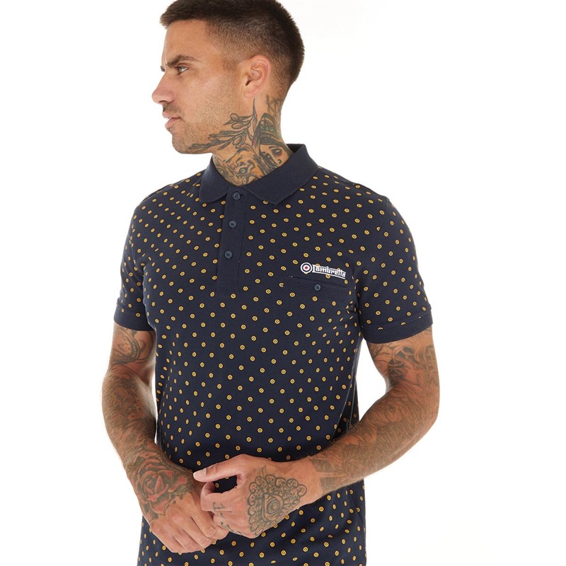 Lambretta Mens Target AOP Premium Polo Navy/Gold