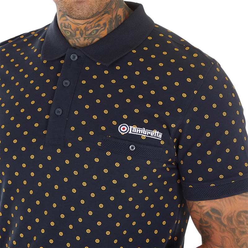 Lambretta Mens Target AOP Premium Polo Navy/Gold