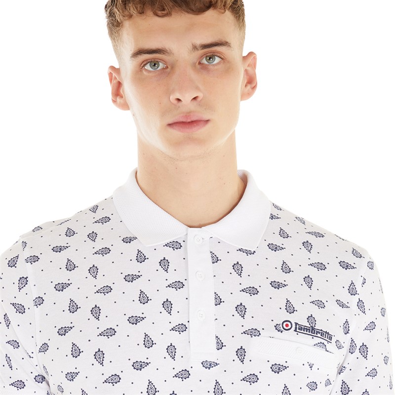 Lambretta Mens Paisley Polo White/Navy