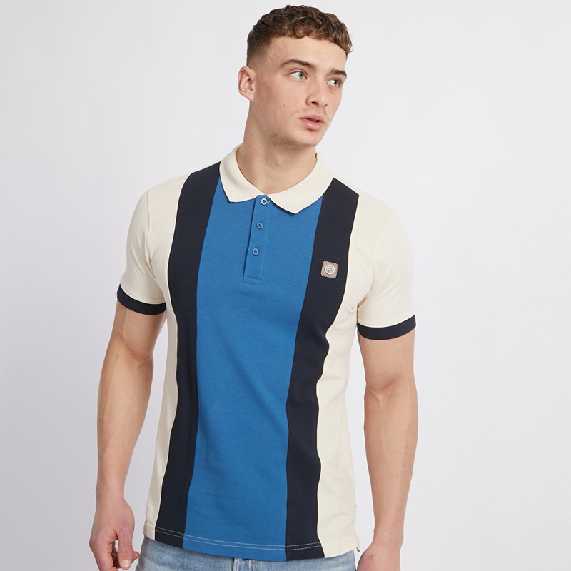 Lambretta Mens Vintage Panel Polo Whitecap Grey/Dark Blue/Navy