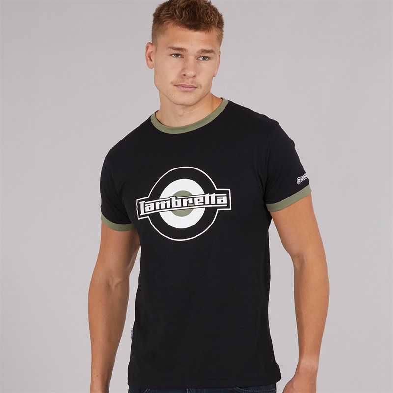 Lambretta Mens Logo Ringer T-Shirt Black/Khaki - Size 3XL
