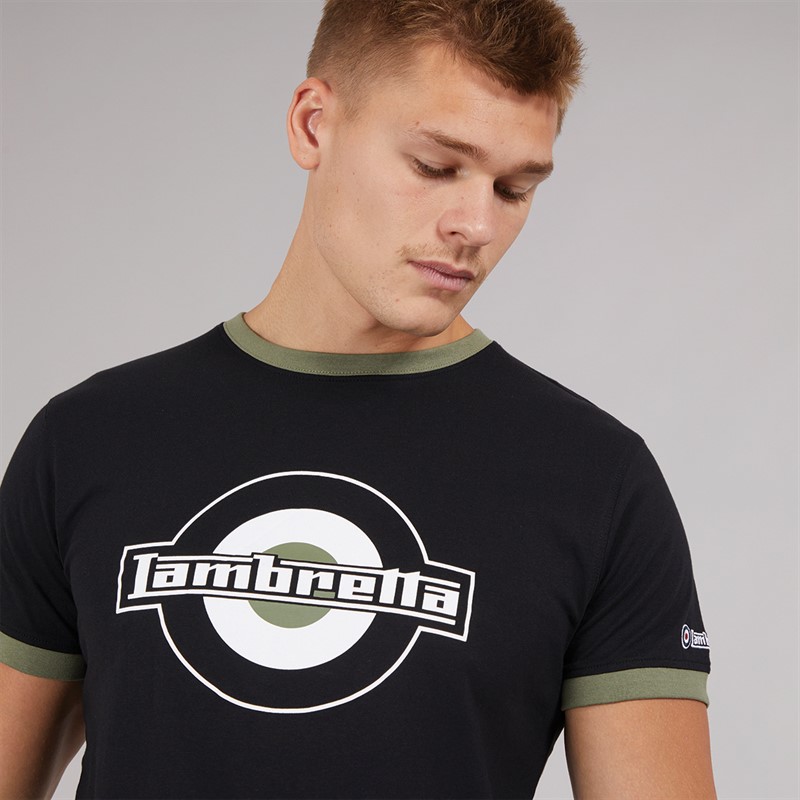 Lambretta Mens Logo Ringer T-Shirt Black/Khaki